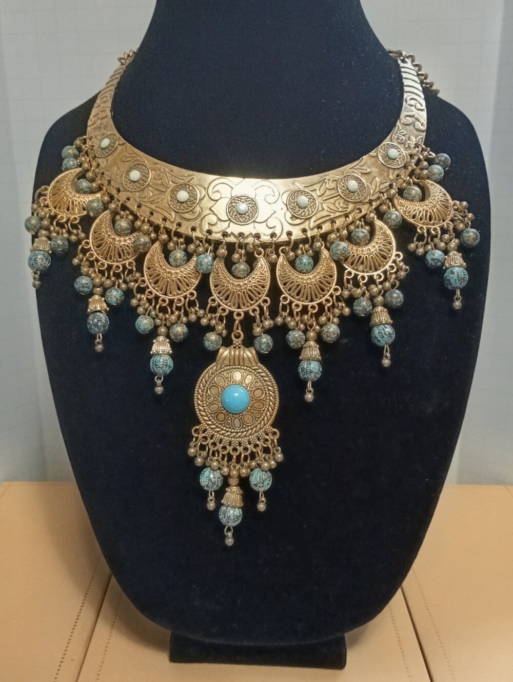 Antique Brass & Turquoise Statement Necklace